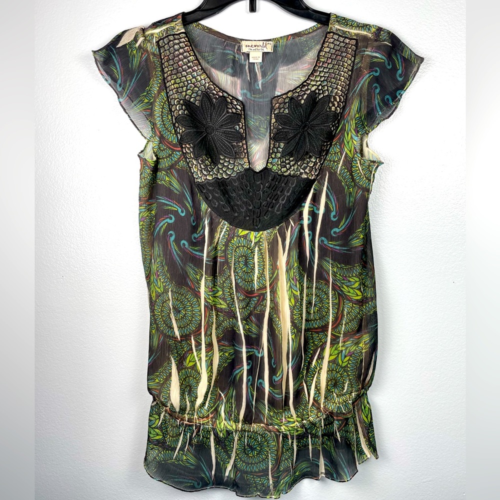 One World Live and Let Live Cap Sleeve Peacock Print Sheer Top Size PS